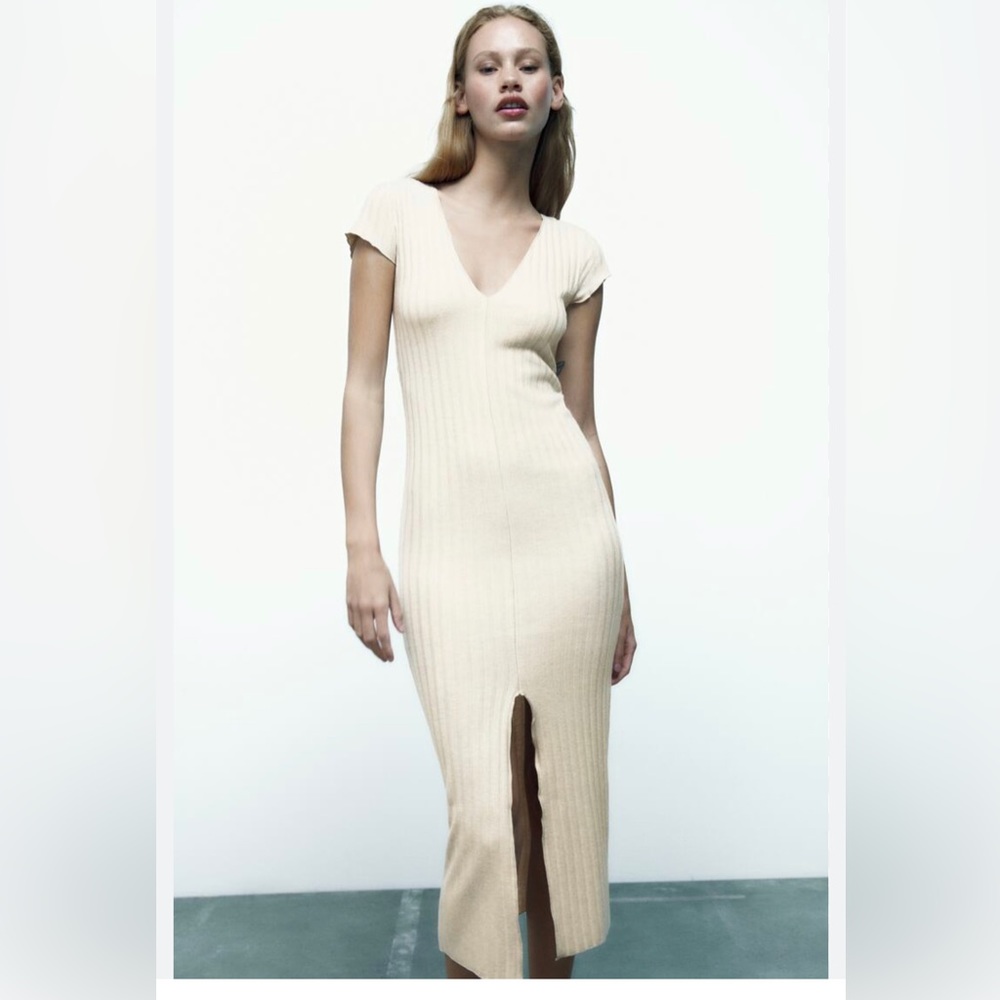 NWT ZARA Ribbed V-neck Midi Dress ivory beige size M